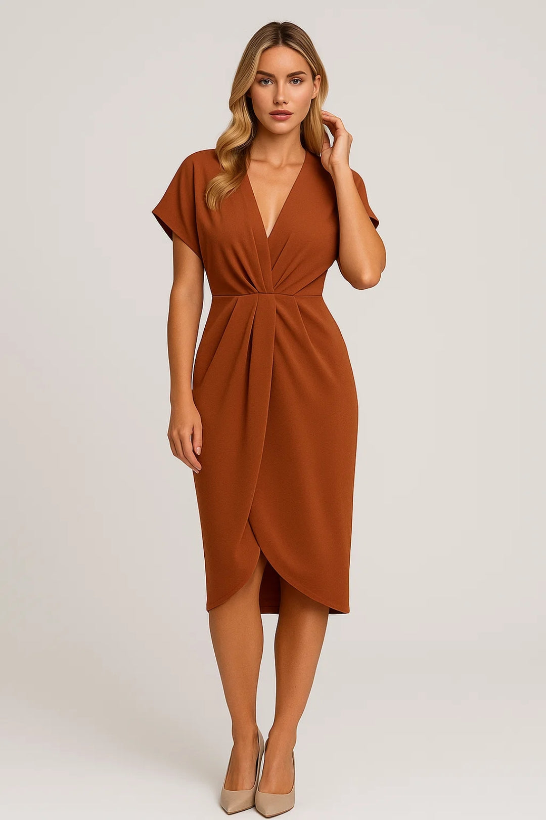 Elegante Midi Wikkeljurk met V Hals en Korte Mouwen