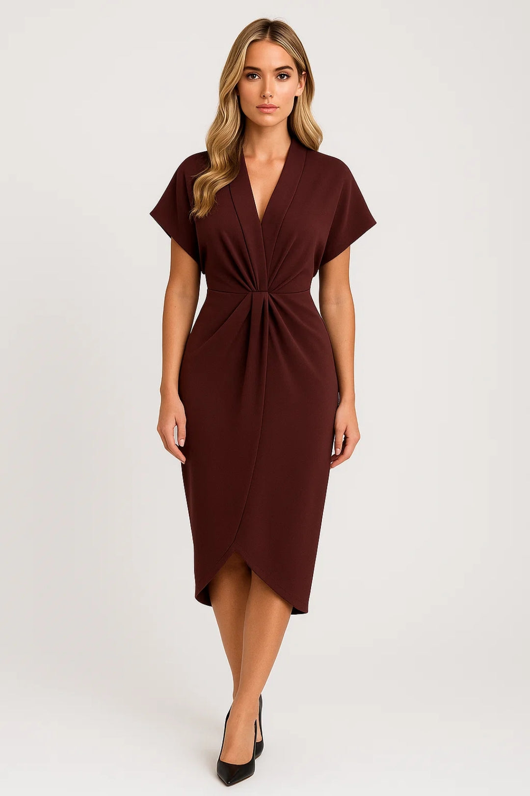 Elegante Midi Wikkeljurk met V Hals en Korte Mouwen