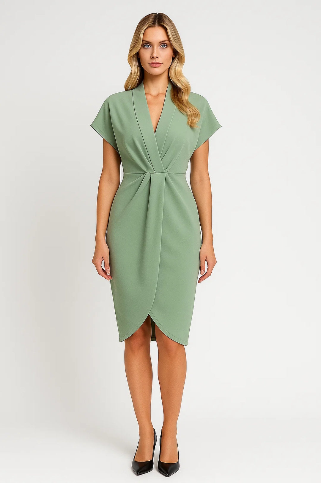 Elegante Midi Wikkeljurk met V Hals en Korte Mouwen