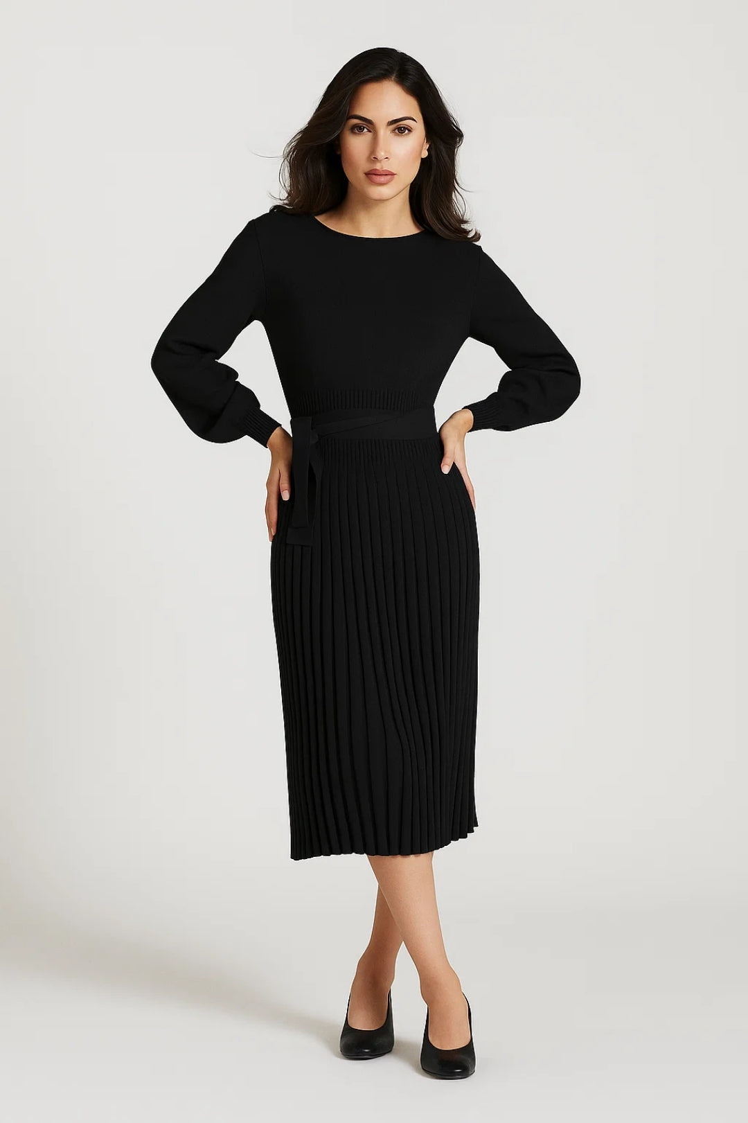 Elegante Midi Jurk met Lange Mouwen en Plooirok