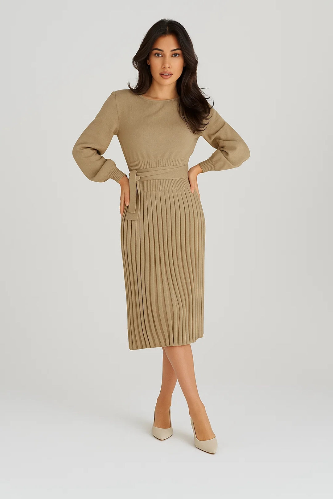 Elegante Midi Jurk met Lange Mouwen en Plooirok