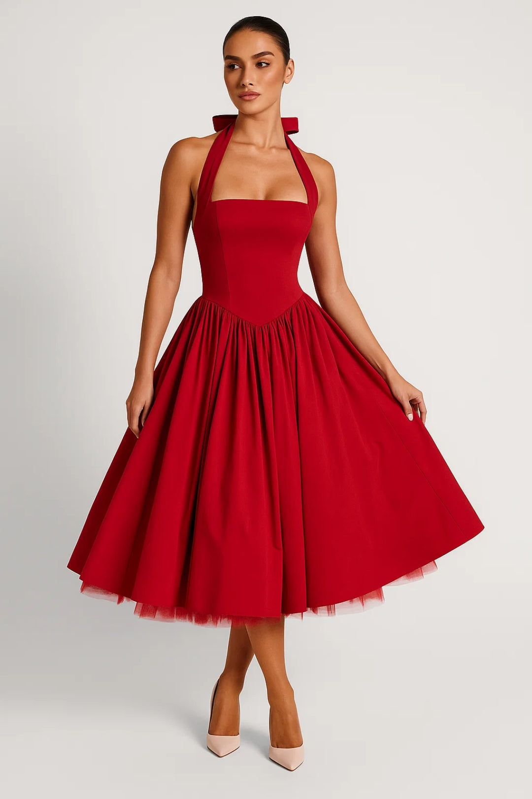 Elegante Halter Midi Jurk met Uitlopende Rok