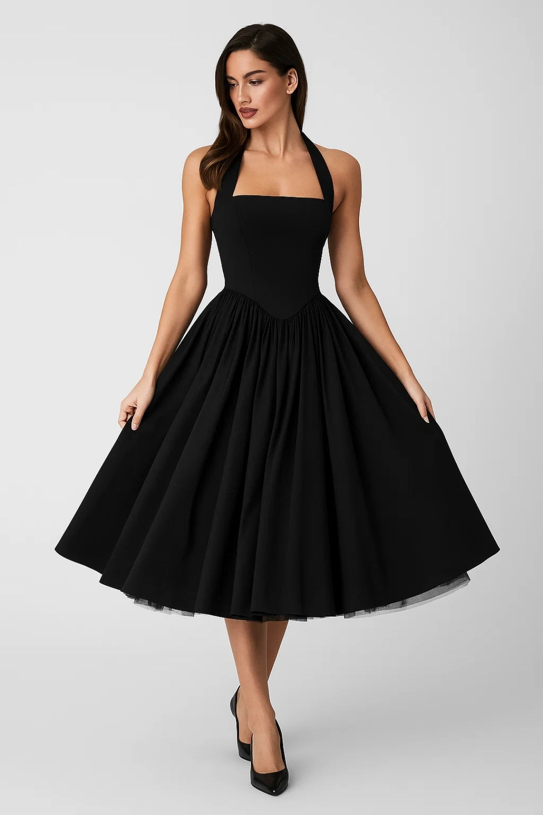 Elegante Halter Midi Jurk met Uitlopende Rok