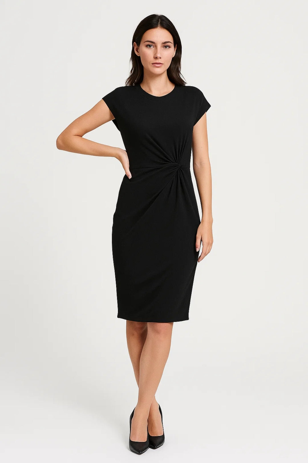 Elegante Midi Jurk met Gedrapeerde Taille en Korte Mouwen