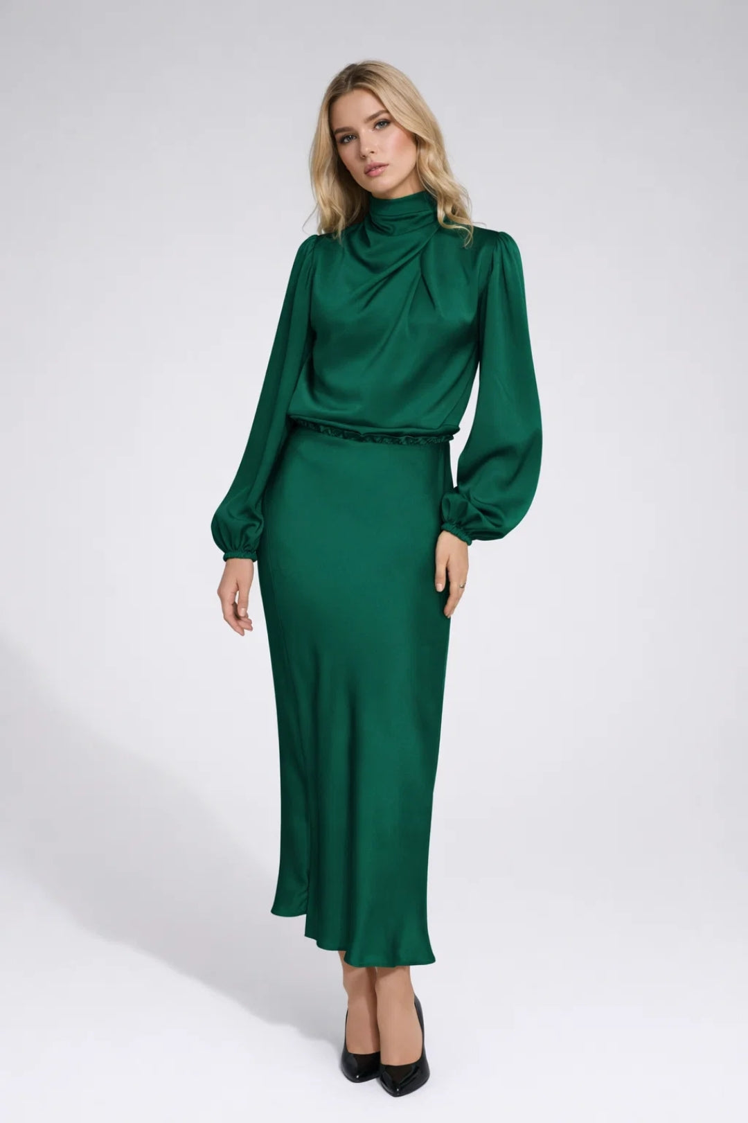Lichtblauwe Elegante Satin Midi Jurk