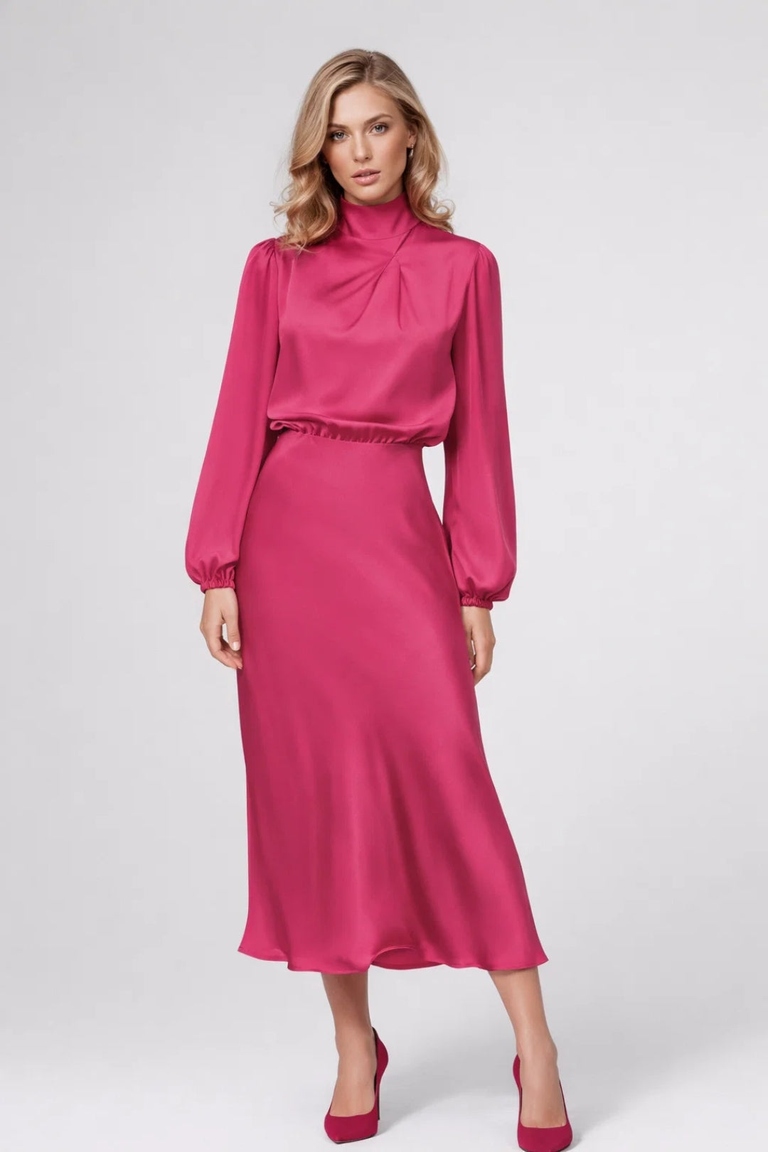 Lichtblauwe Elegante Satin Midi Jurk