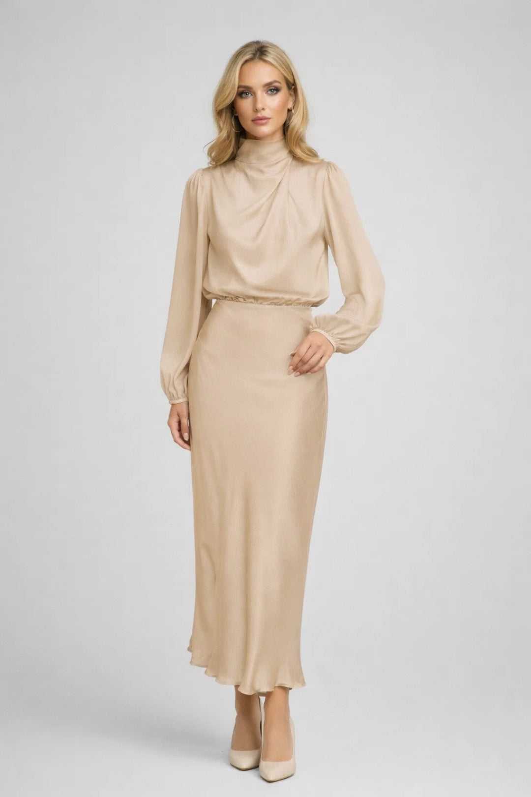 Lichtblauwe Elegante Satin Midi Jurk