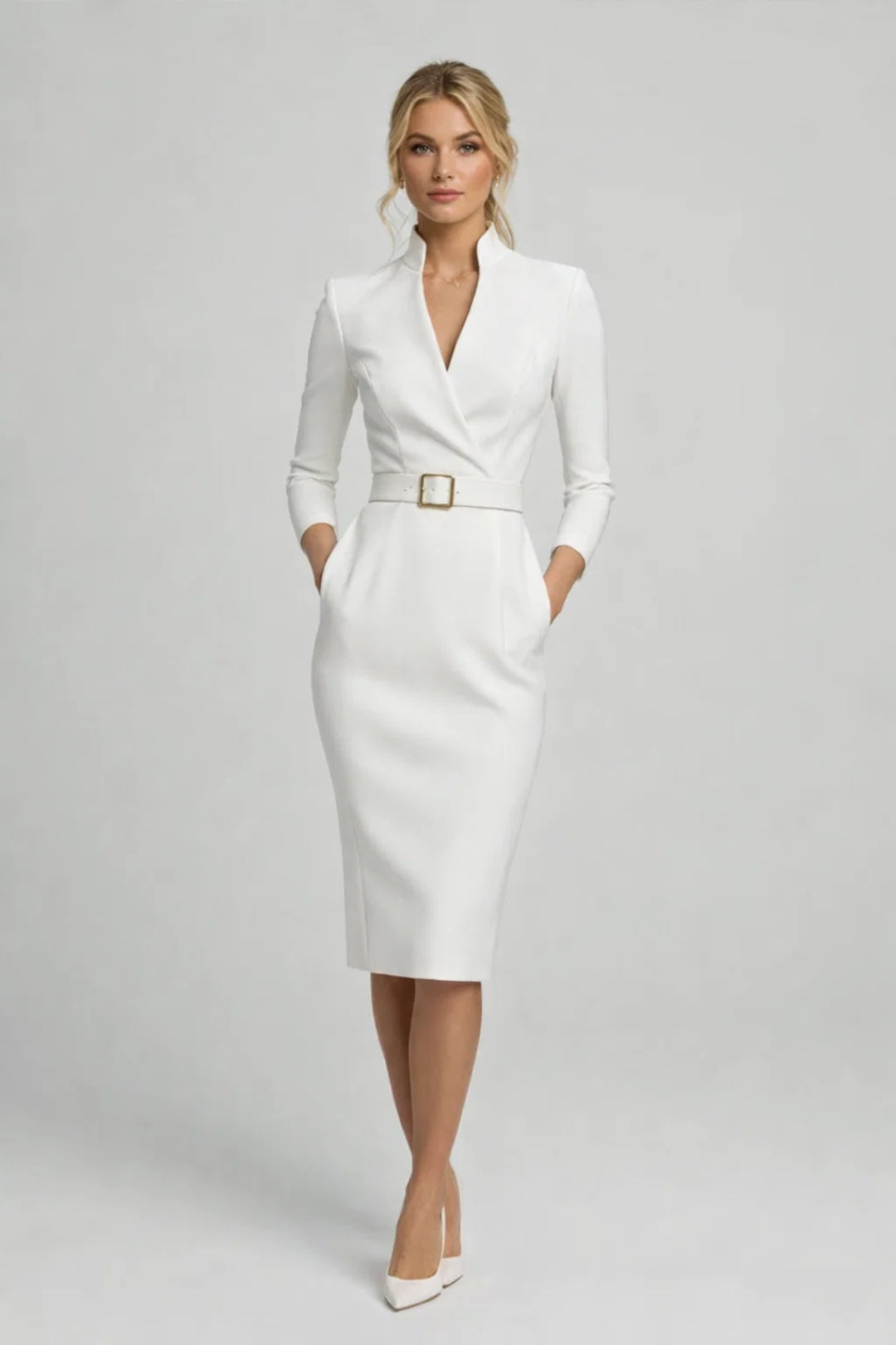 Elegante Blazer Midi Jurk met Tailleband en V Hals