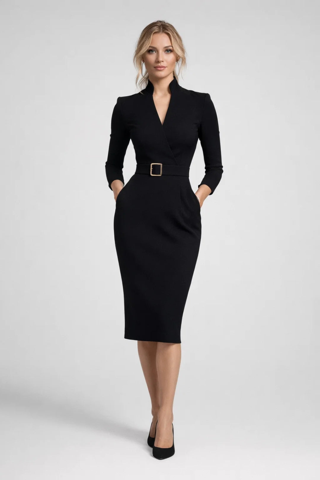 Elegante Blazer Midi Jurk met Tailleband en V Hals