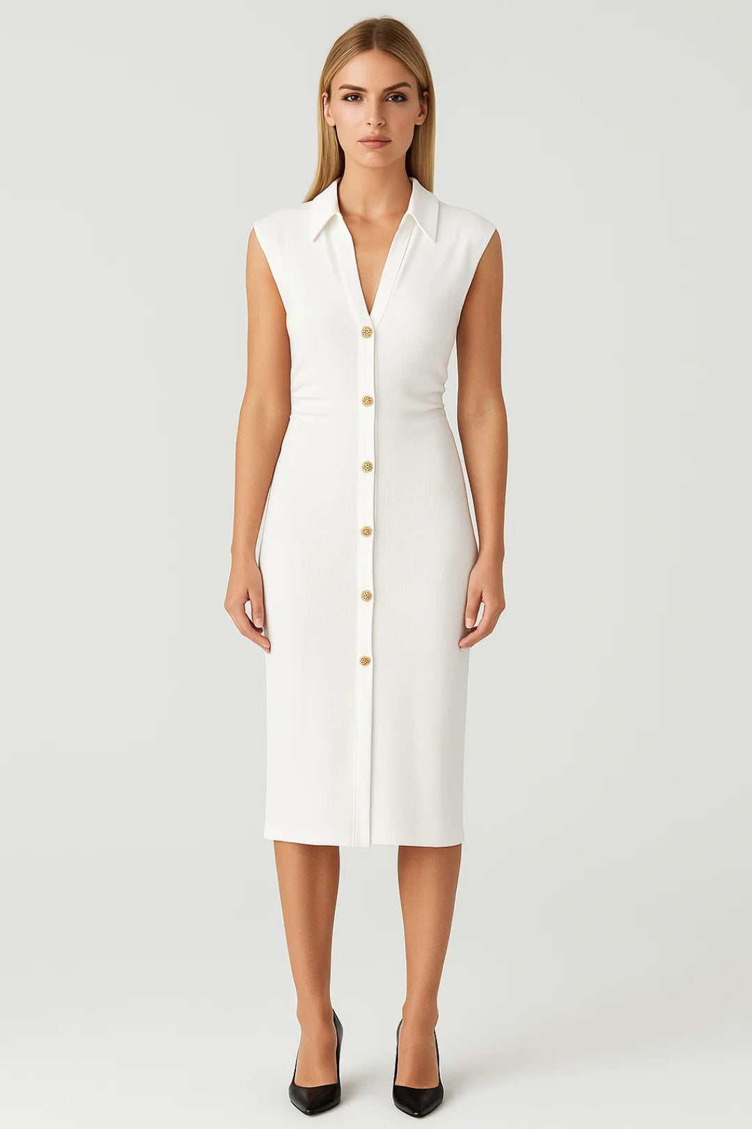 Elegante Mouwloze Midi Jurk met Knopen en Getailleerde Pasvorm