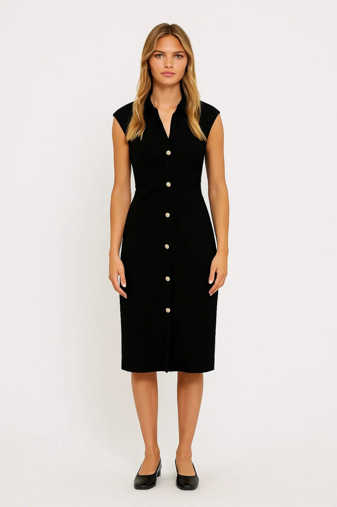 Elegante Mouwloze Midi Jurk met Knopen en Getailleerde Pasvorm