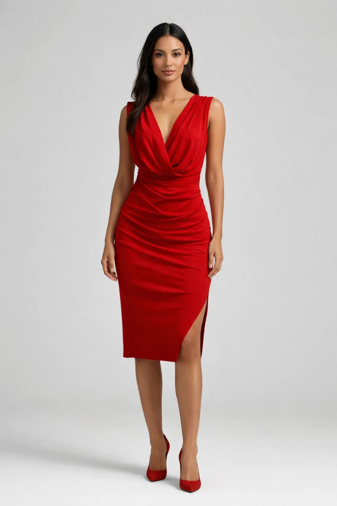 Elegante Gedrapeerde Midi Jurk met V Hals en Split