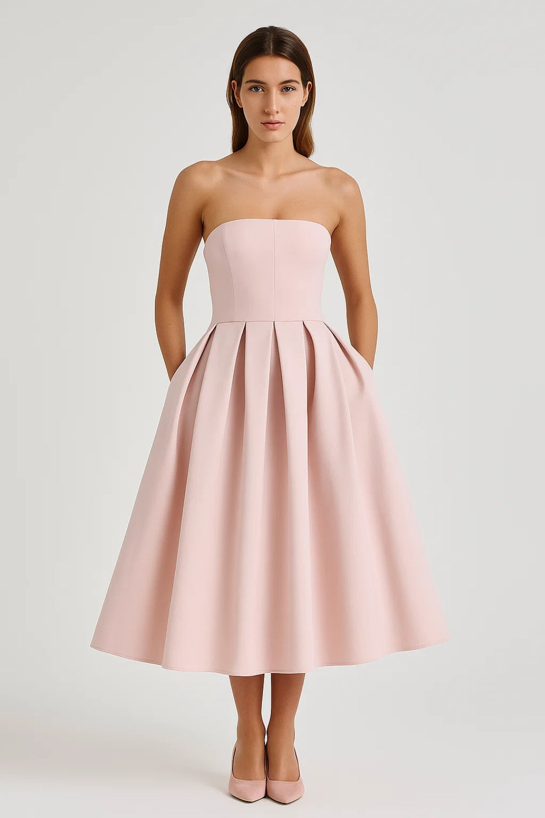 Strapless Midi Jurk met Uitlopende Rok en Elegante Pasvorm