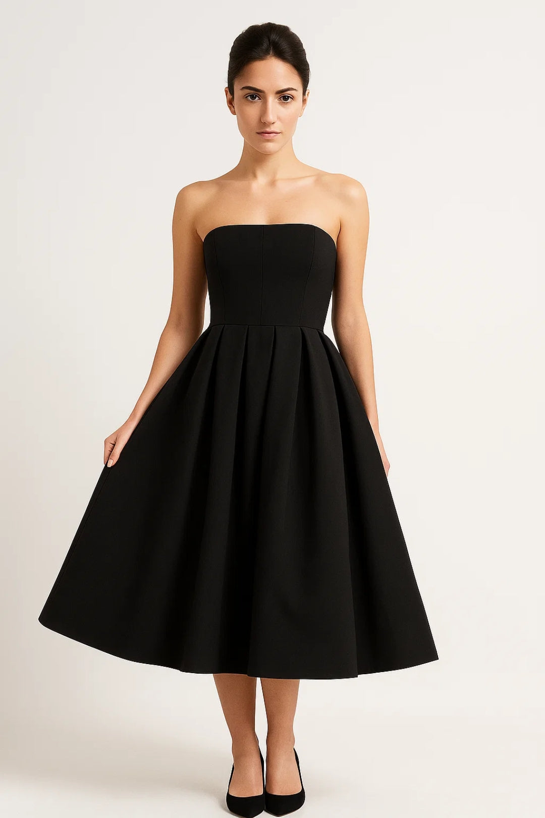 Strapless Midi Jurk met Uitlopende Rok en Elegante Pasvorm