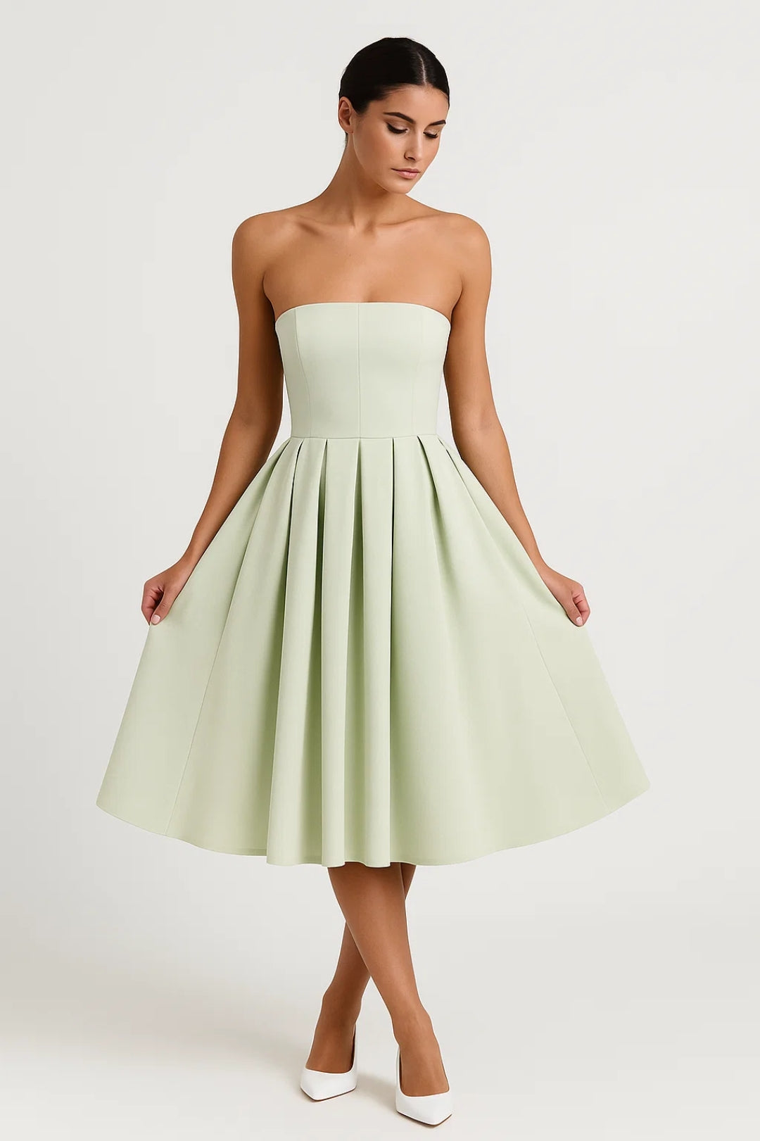 Strapless Midi Jurk met Uitlopende Rok en Elegante Pasvorm