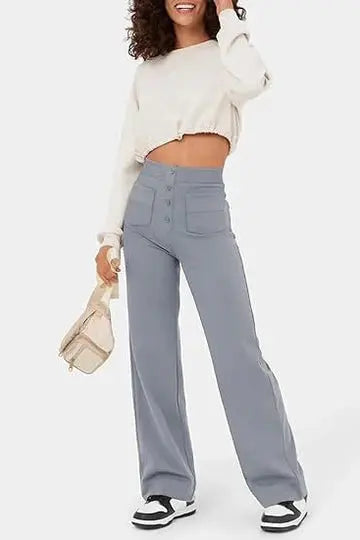 Hannah | Wijde Pijpen Hoge Taille Broek Met Voorzakken